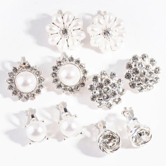 LOVISA 5pc LOT Flower/Round/Clear Crystal Pearl Clip On Earrings Set**NEW! - Picture 1 of 9